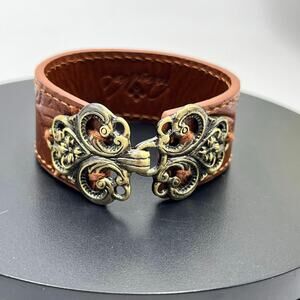 Patricia Nash Signed Brown  Leather Bracelet 7” Fashion Chunky‎ Brass Closure